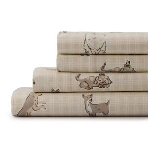 Cuddl Duds Full Sheet Set Plaid Dogs Heavyweight Flannel 100% Brushed Cotton NEW